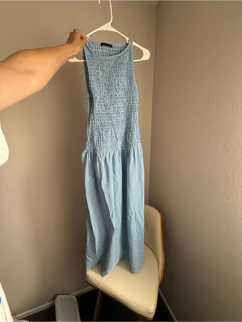 Zara Light Blue Gingham Smocked Maxi Dress